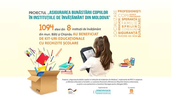 1094 de elevi, ai claselor I-XII, din 8 instituții de învățământ din mun. Bălți și Chișinău au primit kituri educaționale cu rechizite școlare.